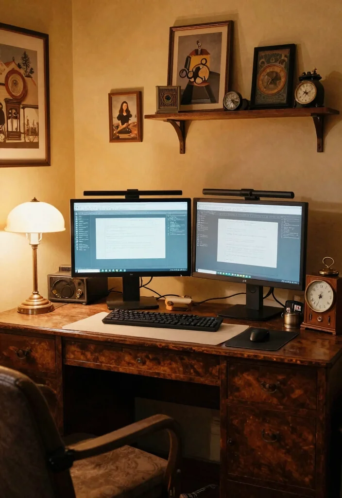16 Two Monitors Desk Setup Ideas That Boost Workflow 40 16 Two Monitors Desk Setup Ideas That Boost Workflow - 10. Vintage-Inspired Desk Setup 1