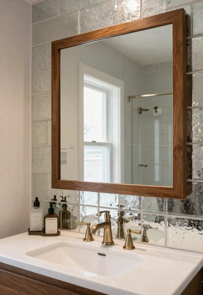 16 Wooden Mirror Bathroom Ideas With Warm Charm 39 16 Wooden Mirror Bathroom Ideas With Warm Charm - 9. Mirrored Tile Accents 1