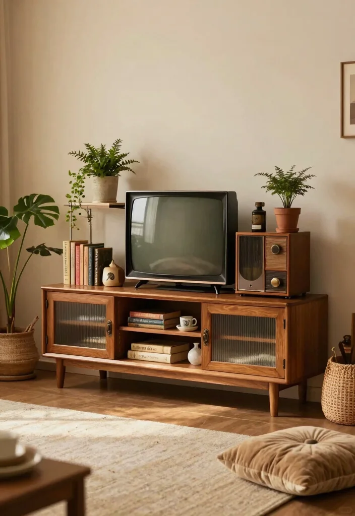 17 Boho TV Unit Ideas With Cozy Vibes - 11. Vintage-Inspired Decor 1