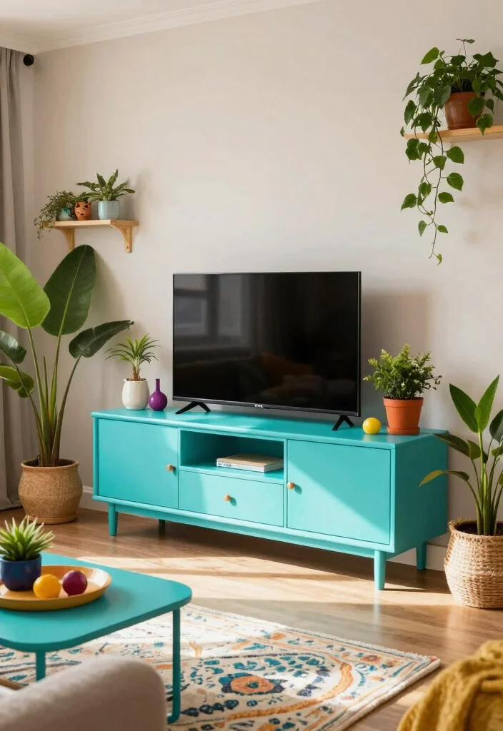 17 Boho TV Unit Ideas With Cozy Vibes - 12. Bright and Bold Colors 1