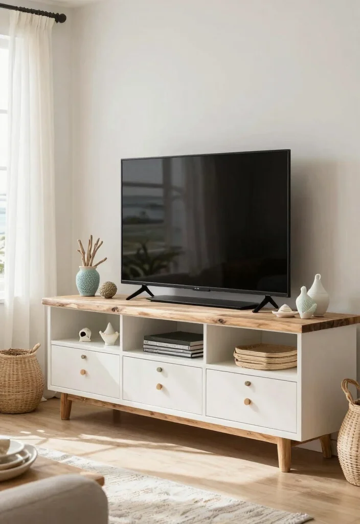 17 Boho TV Unit Ideas With Cozy Vibes - 16. Coastal Boho Vibes 1