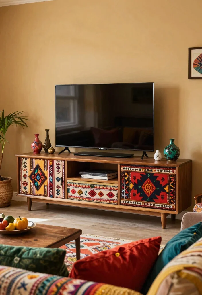 17 Boho TV Unit Ideas With Cozy Vibes - 17. Ethnic Patterns and Textiles 1