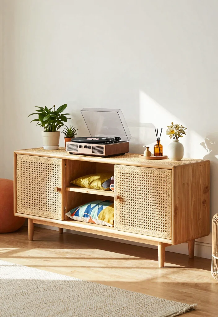 17 Boho TV Unit Ideas With Cozy Vibes - 2. Woven Rattan Elegance 1