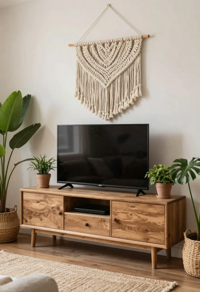 17 Boho TV Unit Ideas With Cozy Vibes - 3. Macramé Accents 1