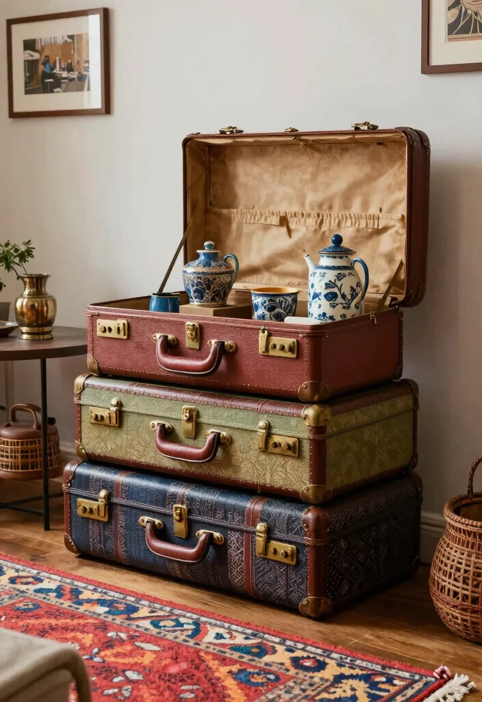 17 Boho TV Unit Ideas With Cozy Vibes - 4. Vintage Suitcases as Storage 1