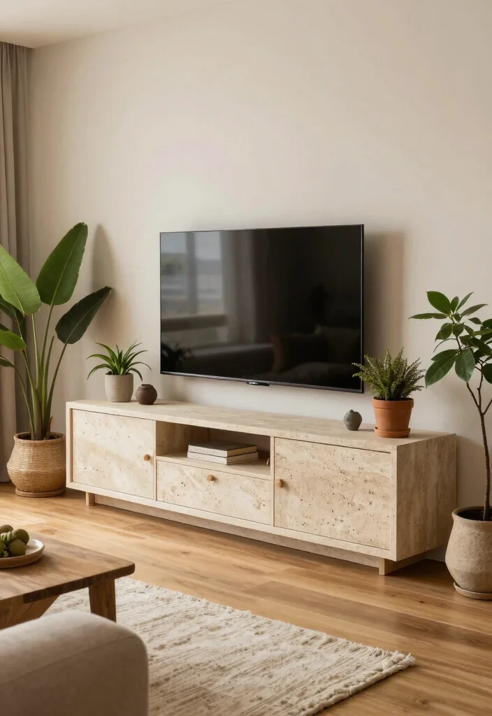 17 Boho TV Unit Ideas With Cozy Vibes - 5. Earthy Stone Finishes 1