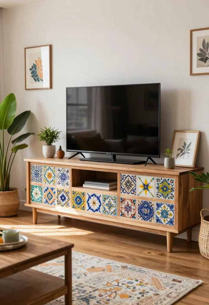 17 Boho TV Unit Ideas With Cozy Vibes - 7. Colorful Tiles for a Statement Look 1