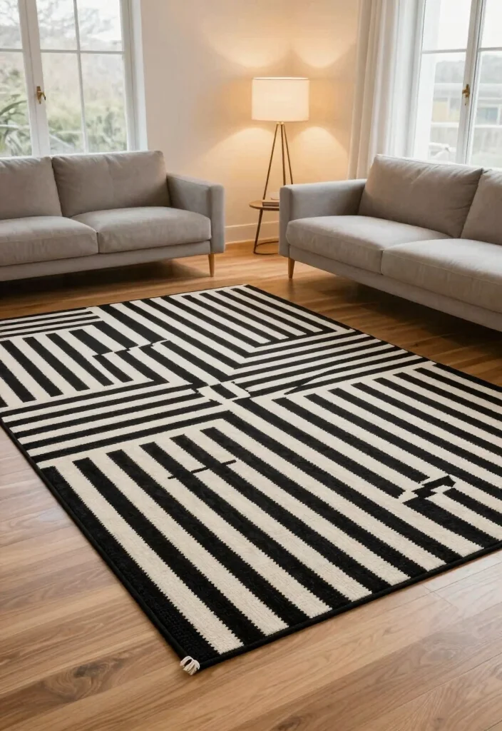 17 Geometric Rug Living Room Ideas That Pop 17 17 Geometric Rug Living Room Ideas That Pop - 7. Stripes for Lengthening Effect 1