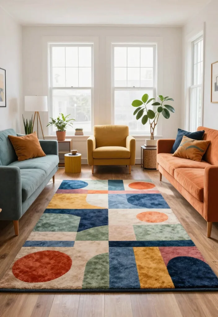17 Geometric Rug Living Room Ideas That Pop 29 17 Geometric Rug Living Room Ideas That Pop - 9. Color Block Playfulness 1