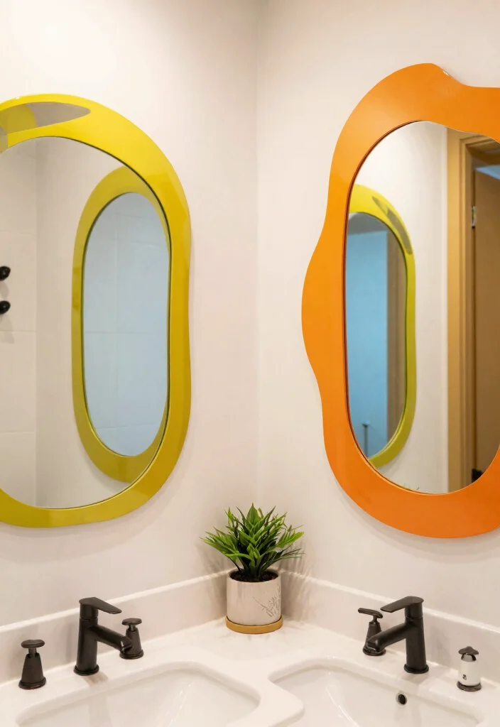 17 Mirror Wall Bathroom Ideas That Feel Luxe - 14. Bold Colorful Mirrors 1