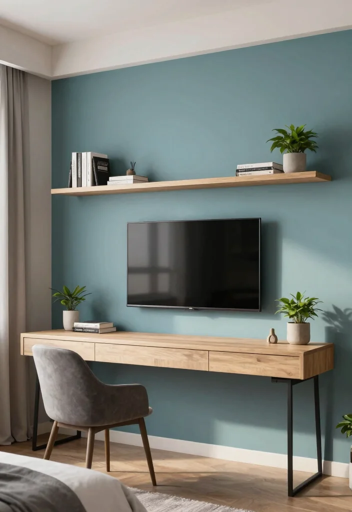 17 TV and Study Unit Bedroom Ideas That Save Space - 1. Wall-Mounted TV and Desk Combo 1