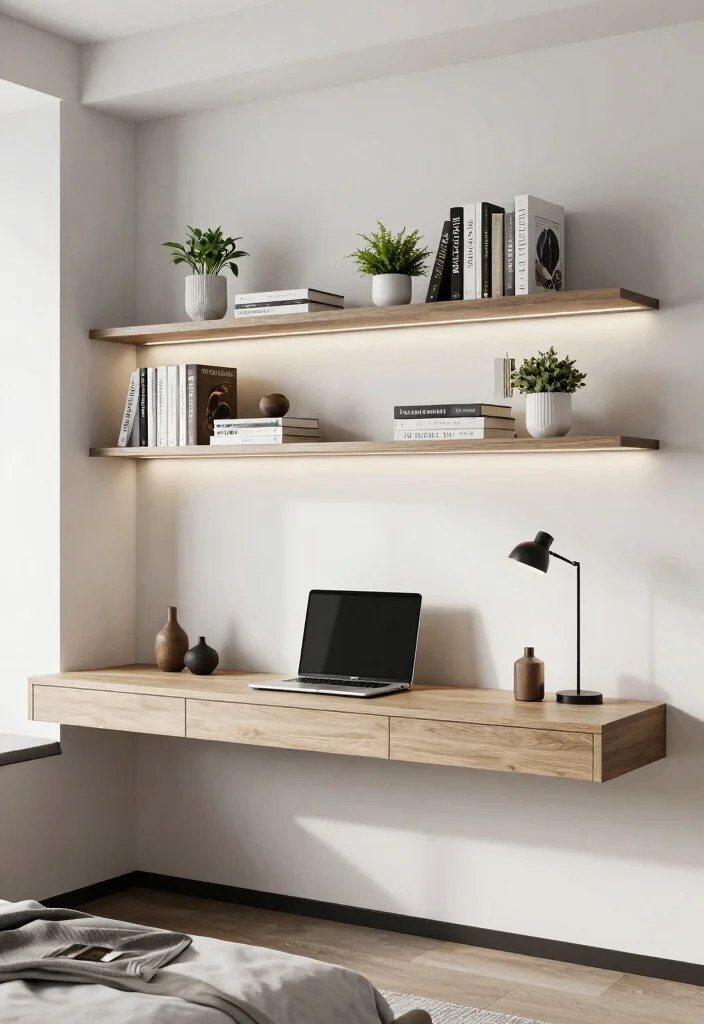 17 TV and Study Unit Bedroom Ideas That Save Space - 11. Floating Desks and Shelves 1
