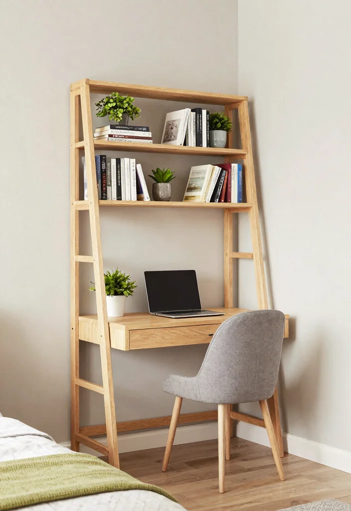 17 TV and Study Unit Bedroom Ideas That Save Space - 8. Ladder Bookcase and Desk Combo 1