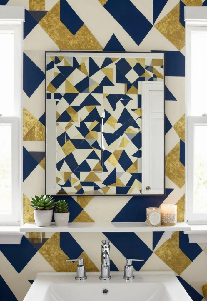 18 Wallpaper Behind Bathroom Mirror Ideas That Pop - 1. Geometric Glamour 1