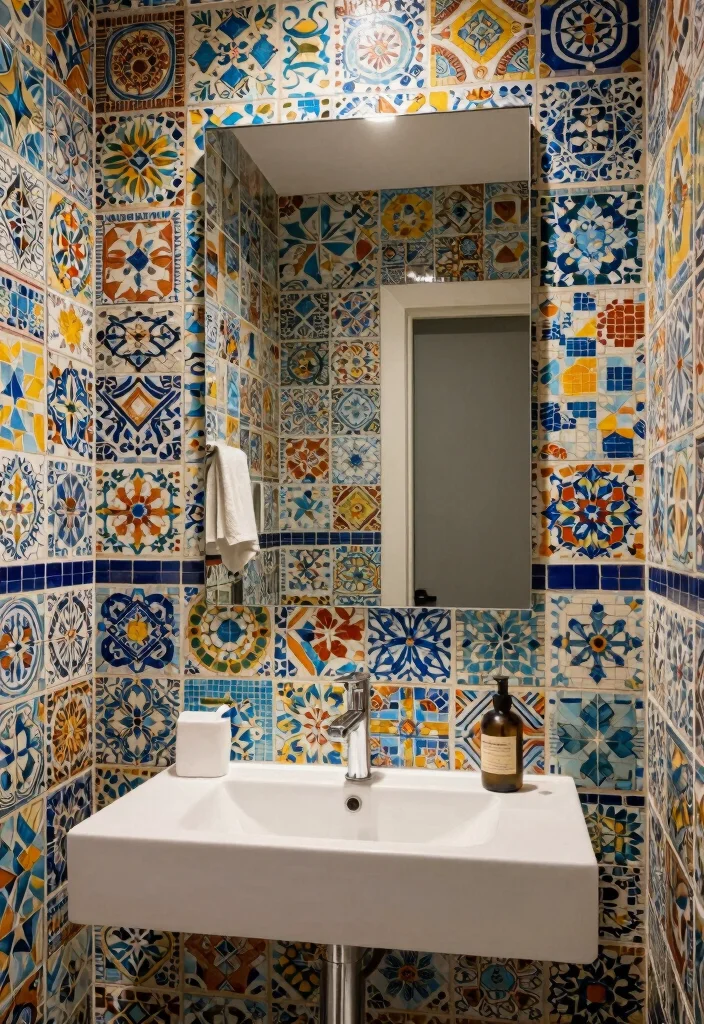 18 Wallpaper Behind Bathroom Mirror Ideas That Pop - 11. Mosaic Marvels 1