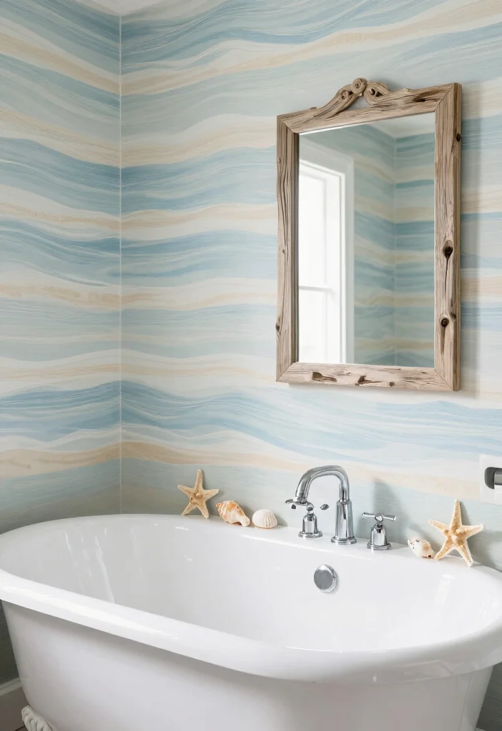 18 Wallpaper Behind Bathroom Mirror Ideas That Pop - 13. Beachy Vibes 1