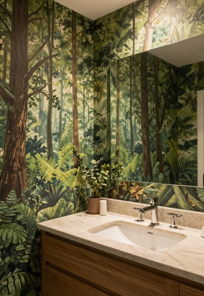 18 Wallpaper Behind Bathroom Mirror Ideas That Pop - 14. Nature Inspired 1