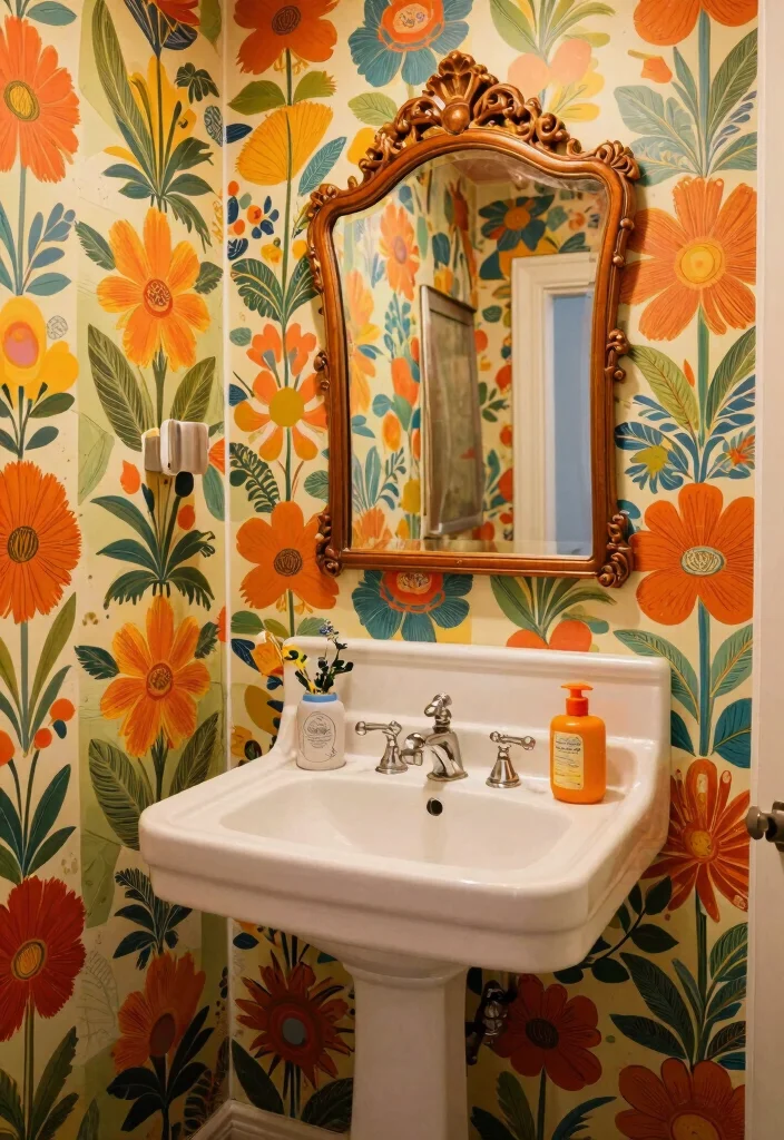 18 Wallpaper Behind Bathroom Mirror Ideas That Pop - 15. Retro Revival 1
