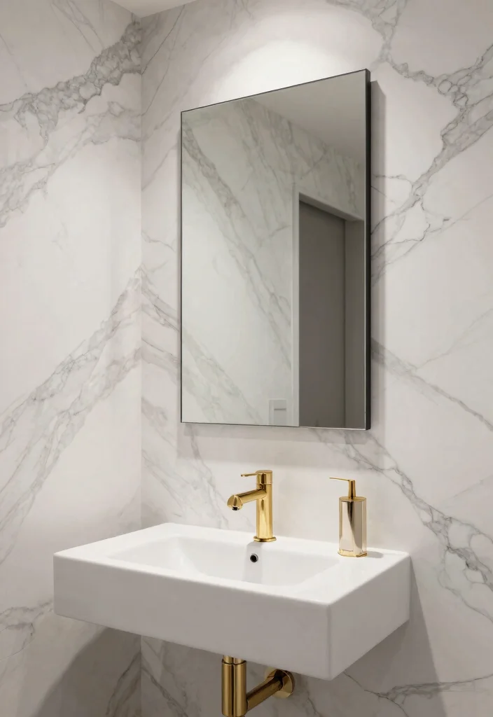 18 Wallpaper Behind Bathroom Mirror Ideas That Pop - 16. Luxe Marble Effect 1
