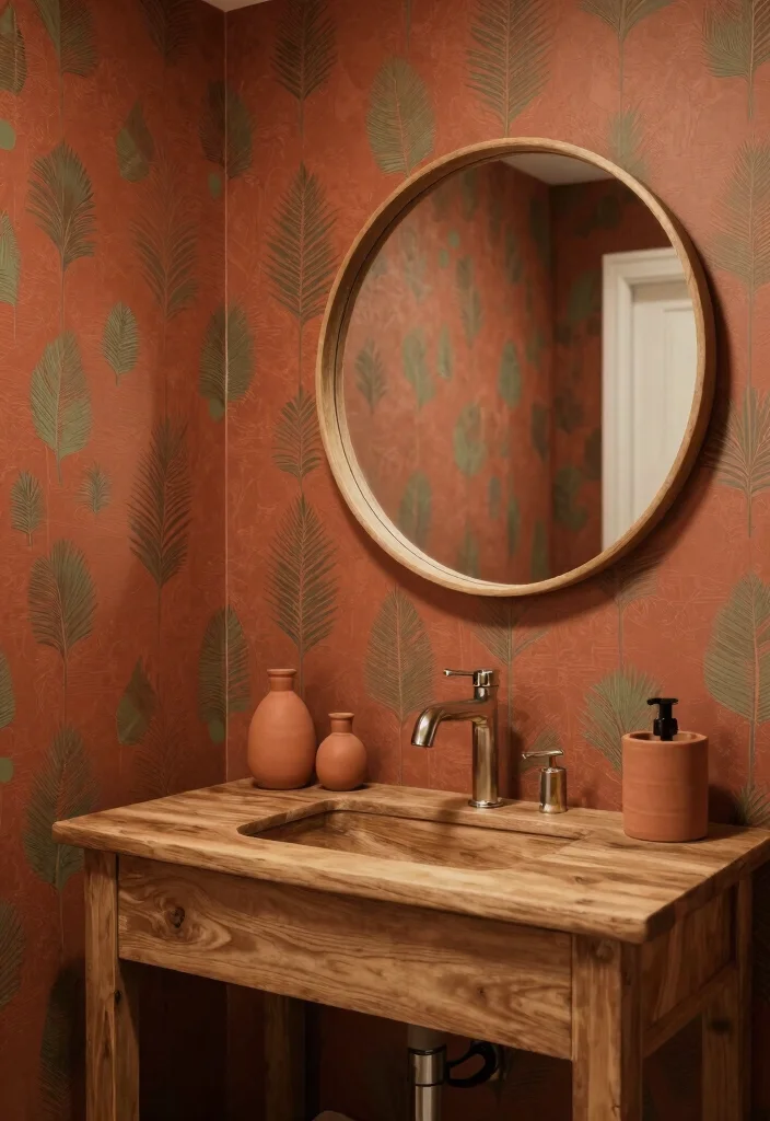 18 Wallpaper Behind Bathroom Mirror Ideas That Pop - 18. Earthy Tones 1