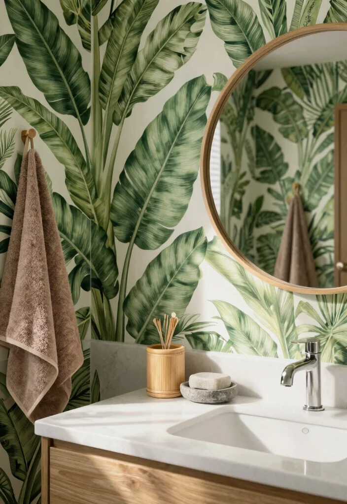 18 Wallpaper Behind Bathroom Mirror Ideas That Pop - 2. Botanical Bliss 1