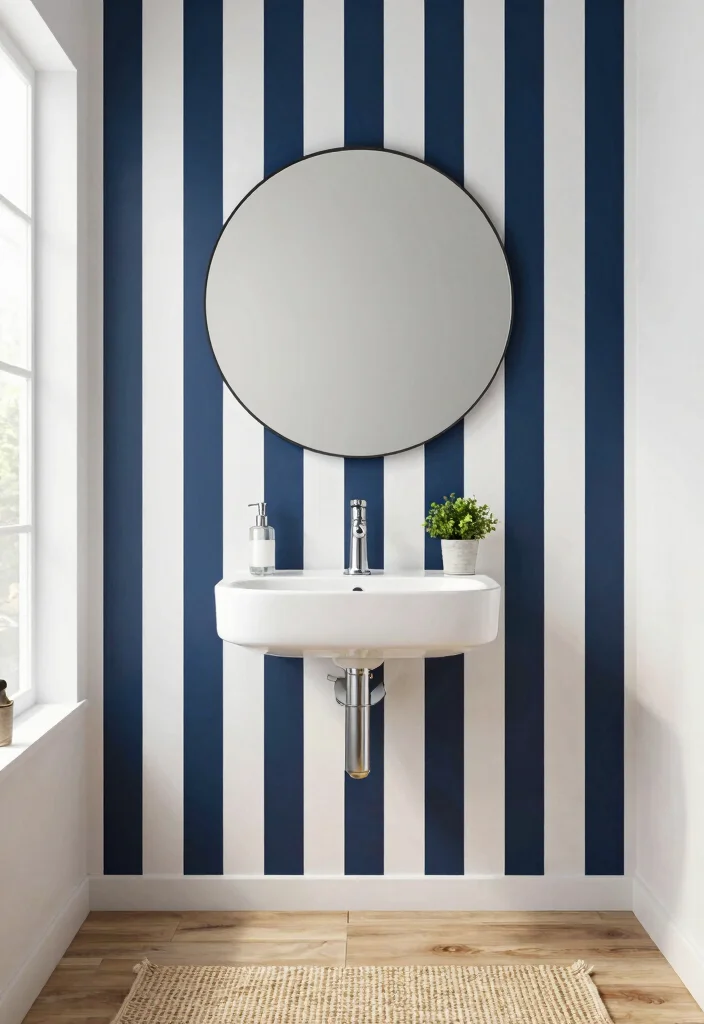 18 Wallpaper Behind Bathroom Mirror Ideas That Pop - 4. Striking Stripes 1