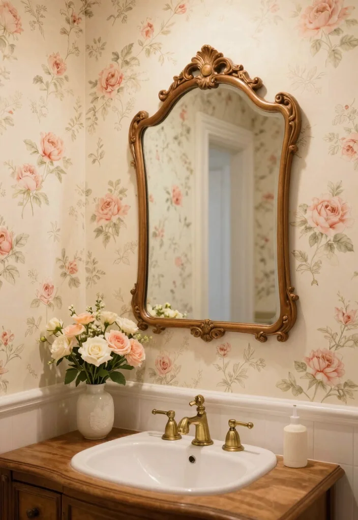 18 Wallpaper Behind Bathroom Mirror Ideas That Pop - 5. Vintage Charm 1