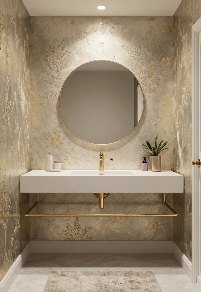 18 Wallpaper Behind Bathroom Mirror Ideas That Pop - 7. Luxe Metallics 1
