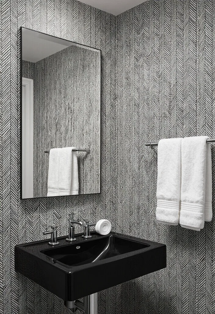 18 Wallpaper Behind Bathroom Mirror Ideas That Pop - 8. Classic Monochrome 1