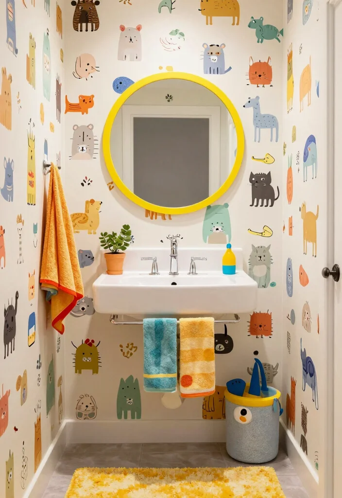 18 Wallpaper Behind Bathroom Mirror Ideas That Pop - 9. Whimsical Wonder 1