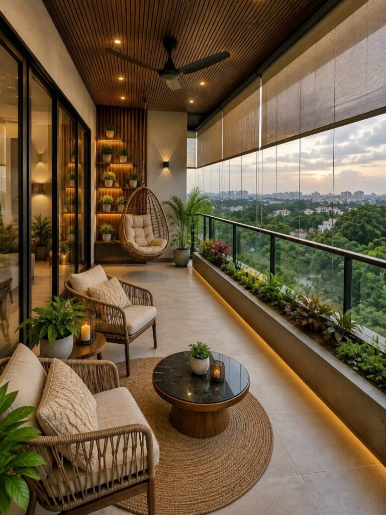 Modern balcony furniture including woven armchairs, a coffee table, and a hanging egg chair overlooking a city.