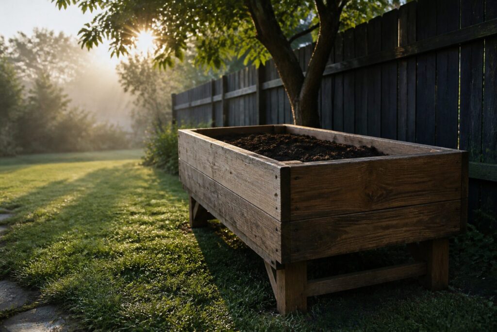 Multiple planter boxes in different styles and sizes lined up outdoors.
