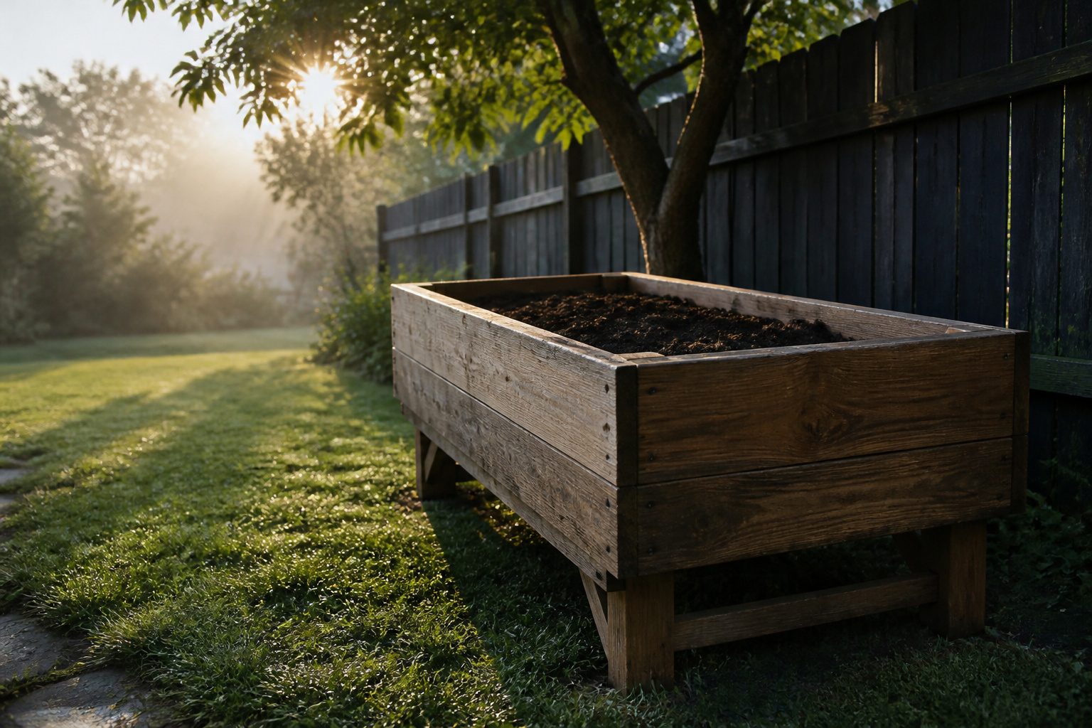 Multiple planter boxes in different styles and sizes lined up outdoors.