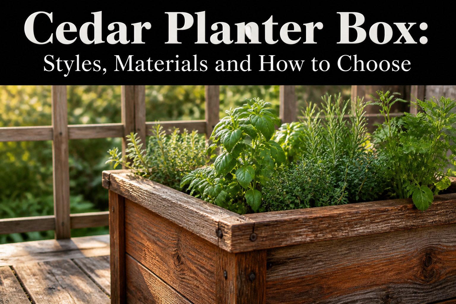 A cedar planter box filled with plants in a garden setting.