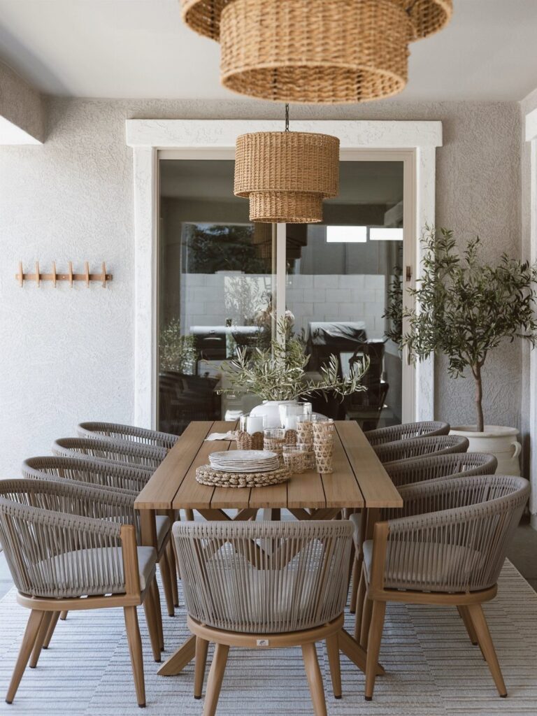 A long wooden dining table with woven chairs and wicker pendant lights on a patio.