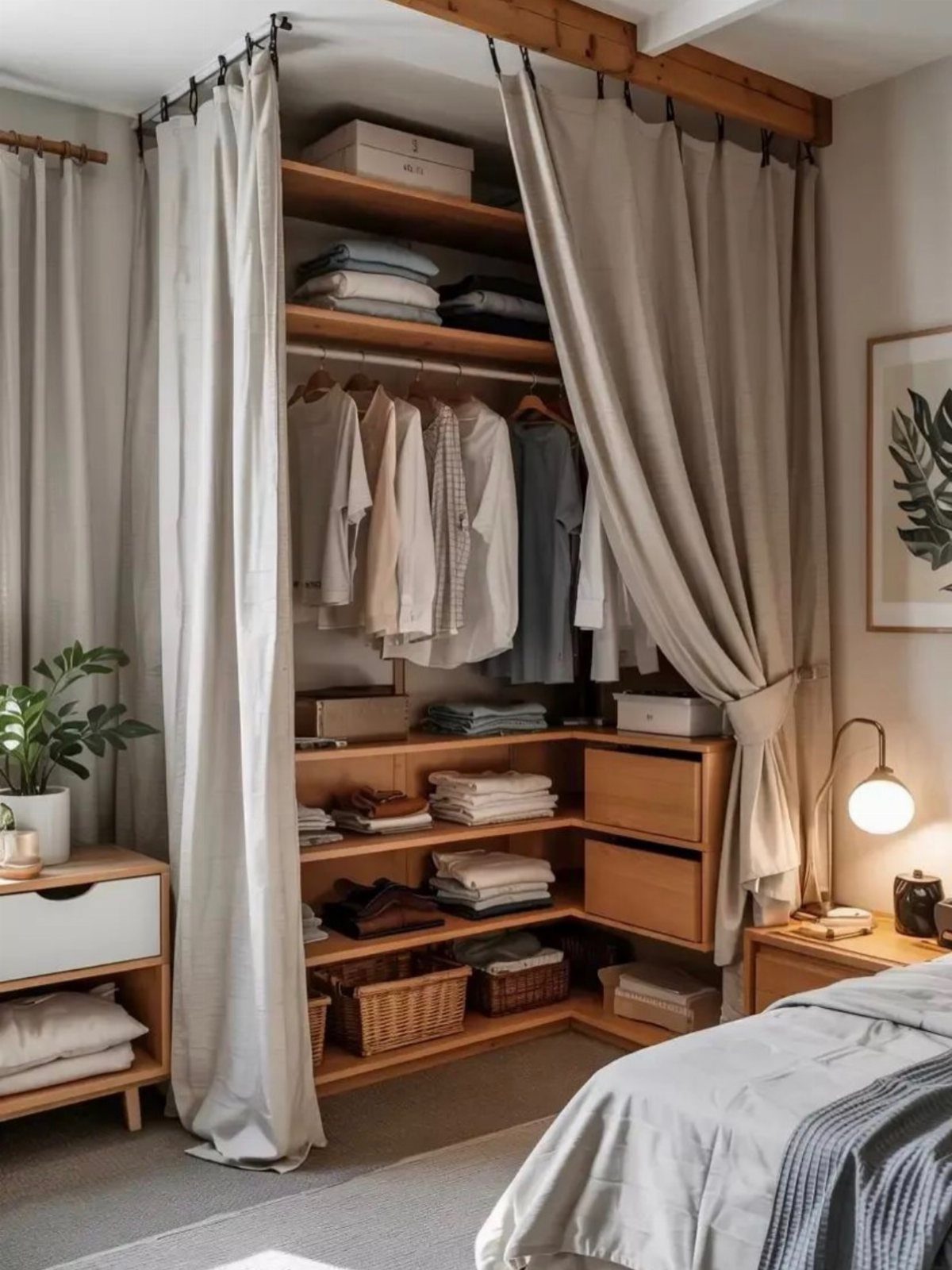 Open wooden closet with hanging clothes and shelves, partially covered by light beige curtains.
