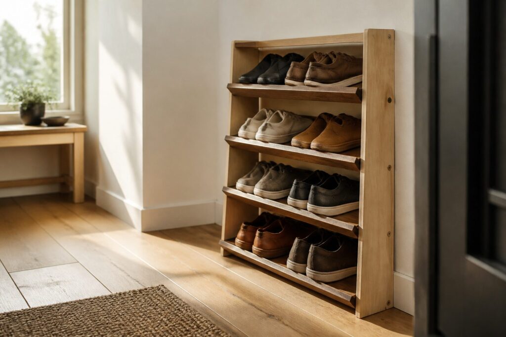 A collection of various DIY narrow shoe rack designs in different styles.