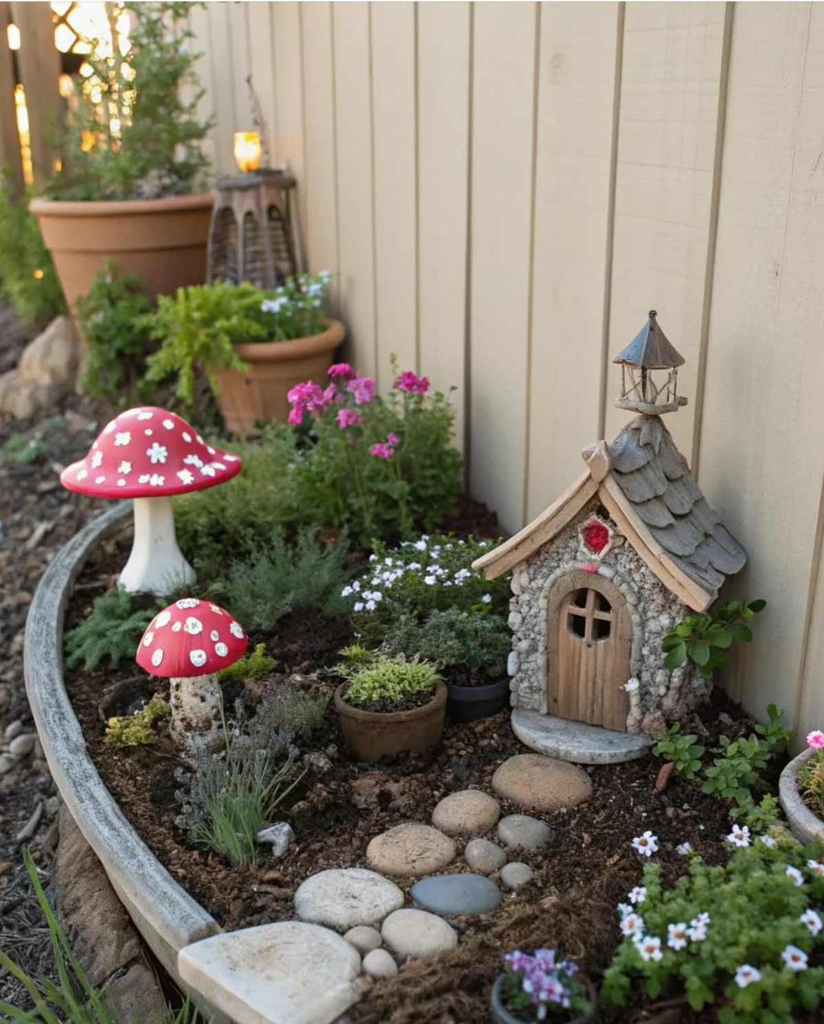 A miniature fairy garden with a stone cottage, red mushrooms, and a pebble path in a planter.