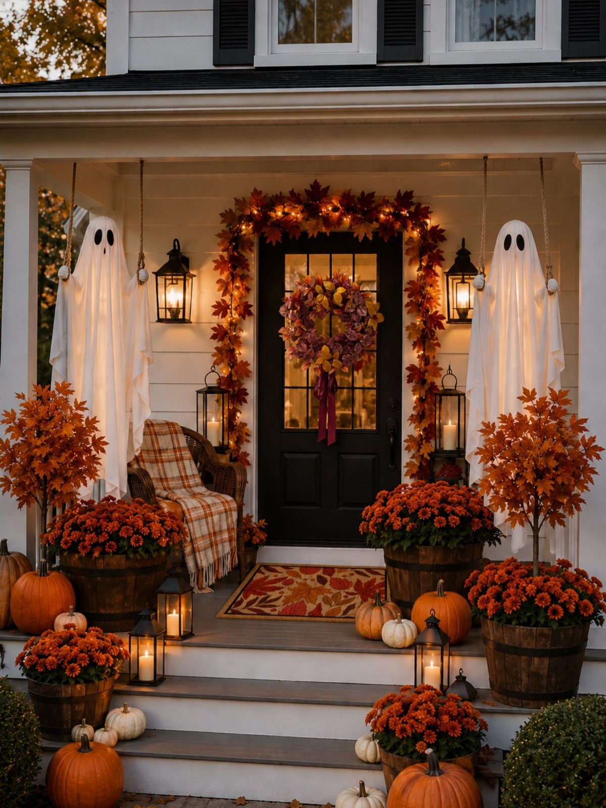 Decorated front porch with hanging ghosts, pumpkins, orange flowers, and glowing lanterns for autumn.