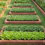 Red brick raised garden beds filled with green leafy vegetables on a green lawn.