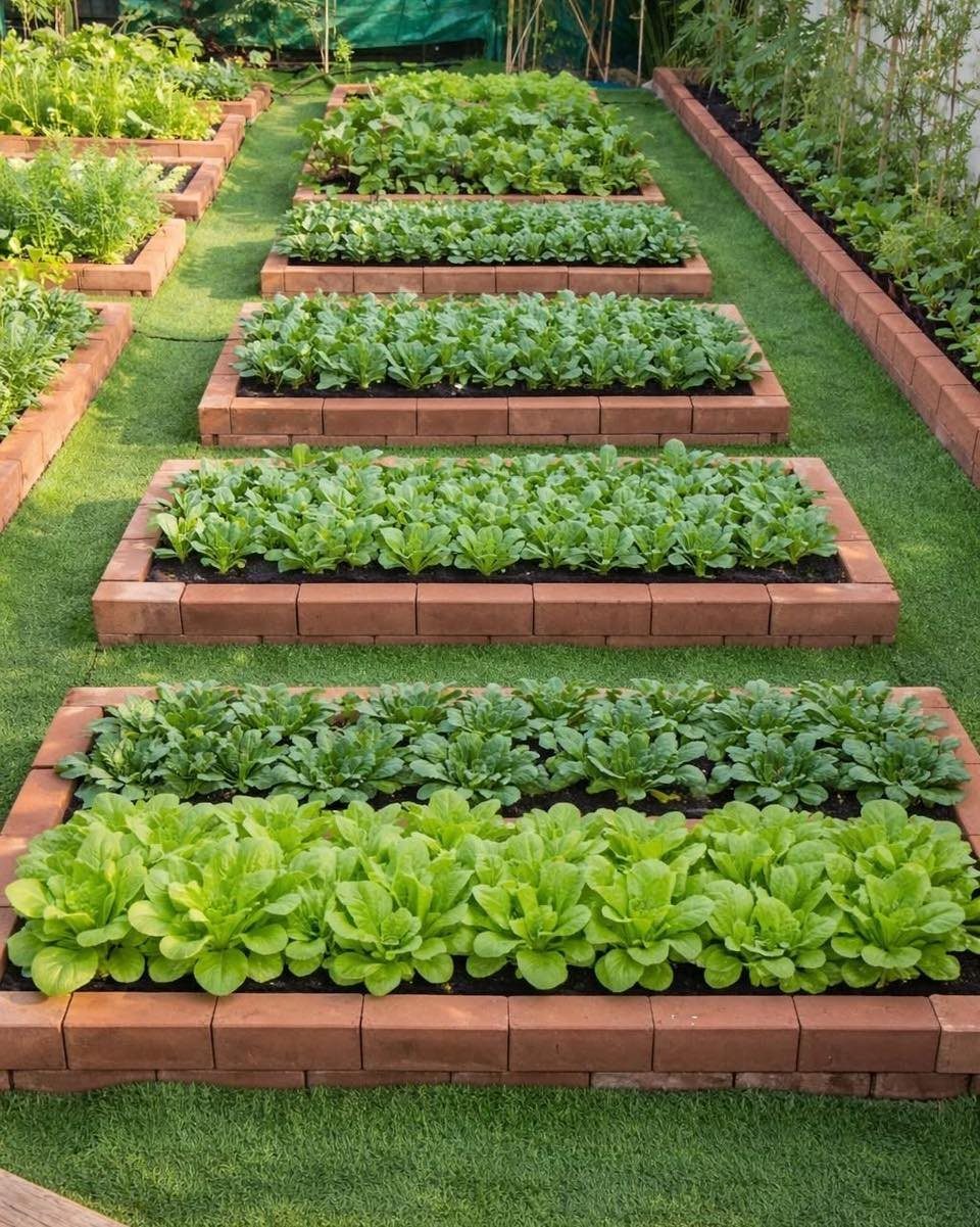 Red brick raised garden beds filled with green leafy vegetables on a green lawn.