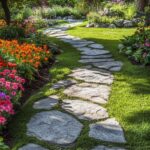 Large grey flagstones form a winding path through a lush green lawn and colorful flower beds.