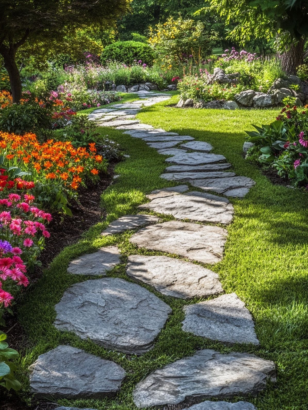 Large grey flagstones form a winding path through a lush green lawn and colorful flower beds.
