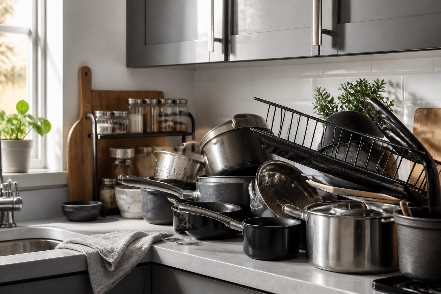 A cramped kitchen corner with pots and pans illuminated by morning sunlight.