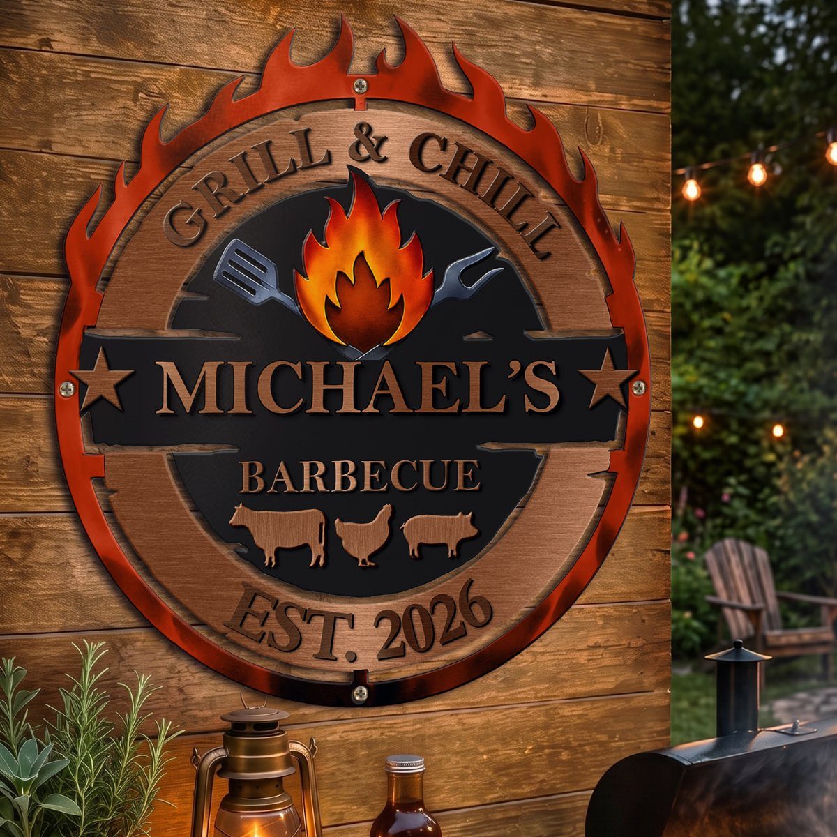 Custom metal barbecue sign with flame edges mounted on a rustic wooden wall.