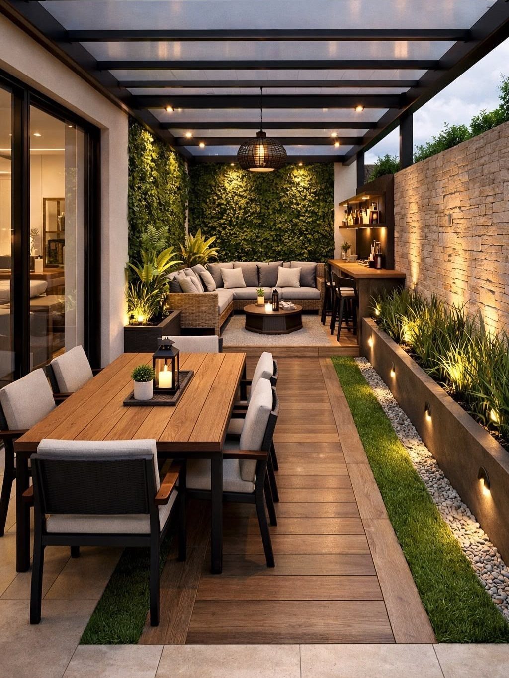 Modern outdoor patio with wooden dining set, lounge seating, and a lush green living wall.