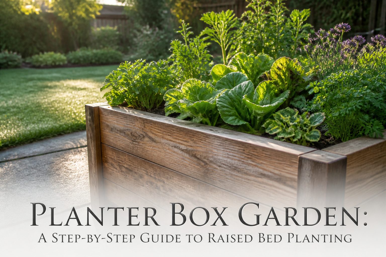 An organized planter box garden with various plants and a gravel pathway.