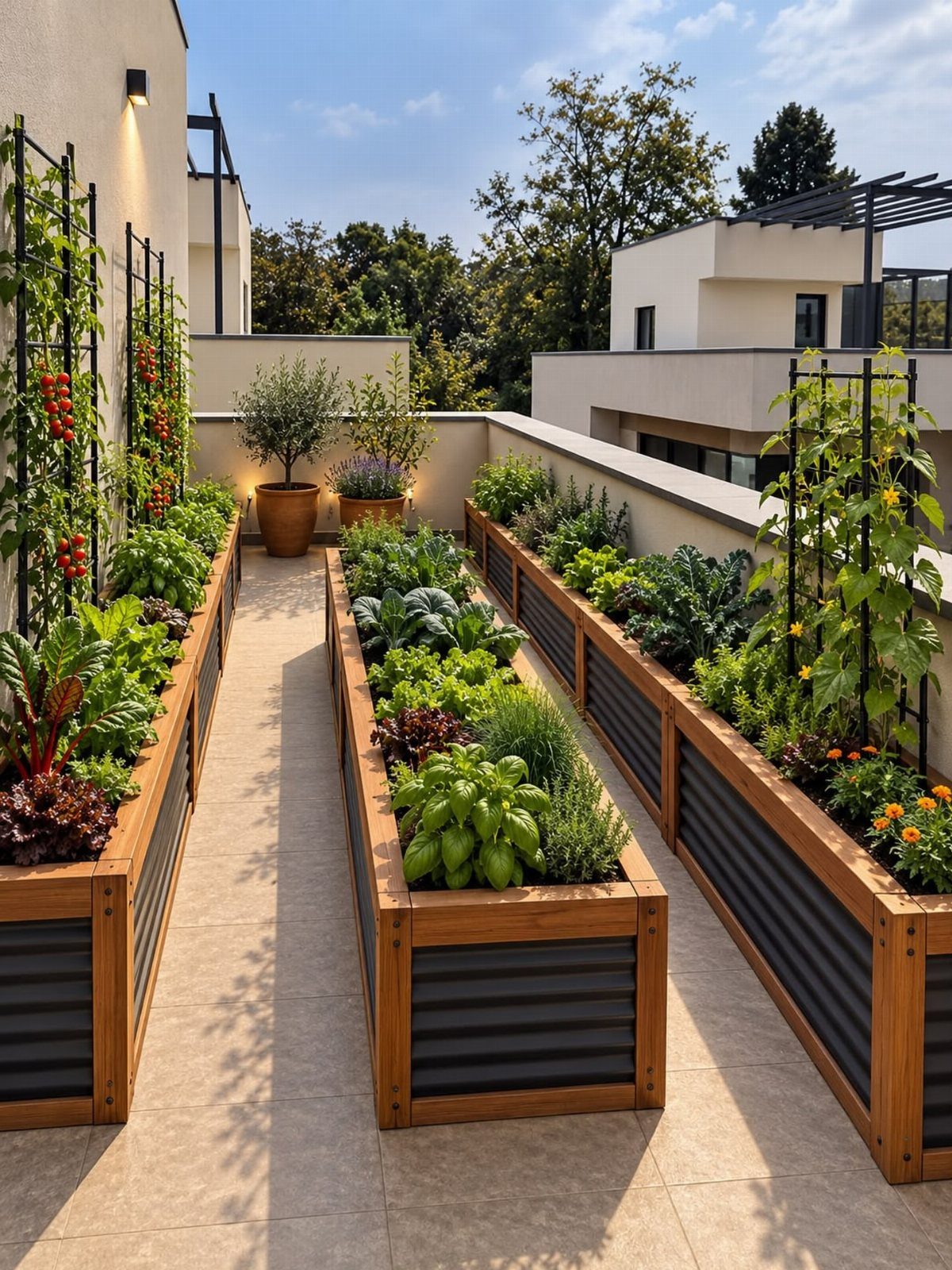 Three wooden and metal raised garden beds filled with lush green vegetables on a terrace.