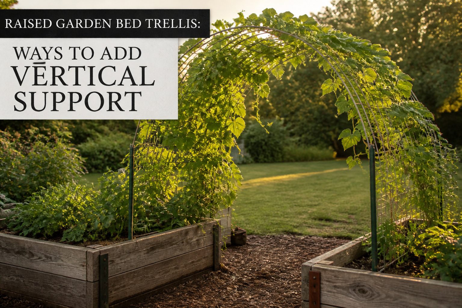 A raised garden bed with a trellis supporting climbing plants.