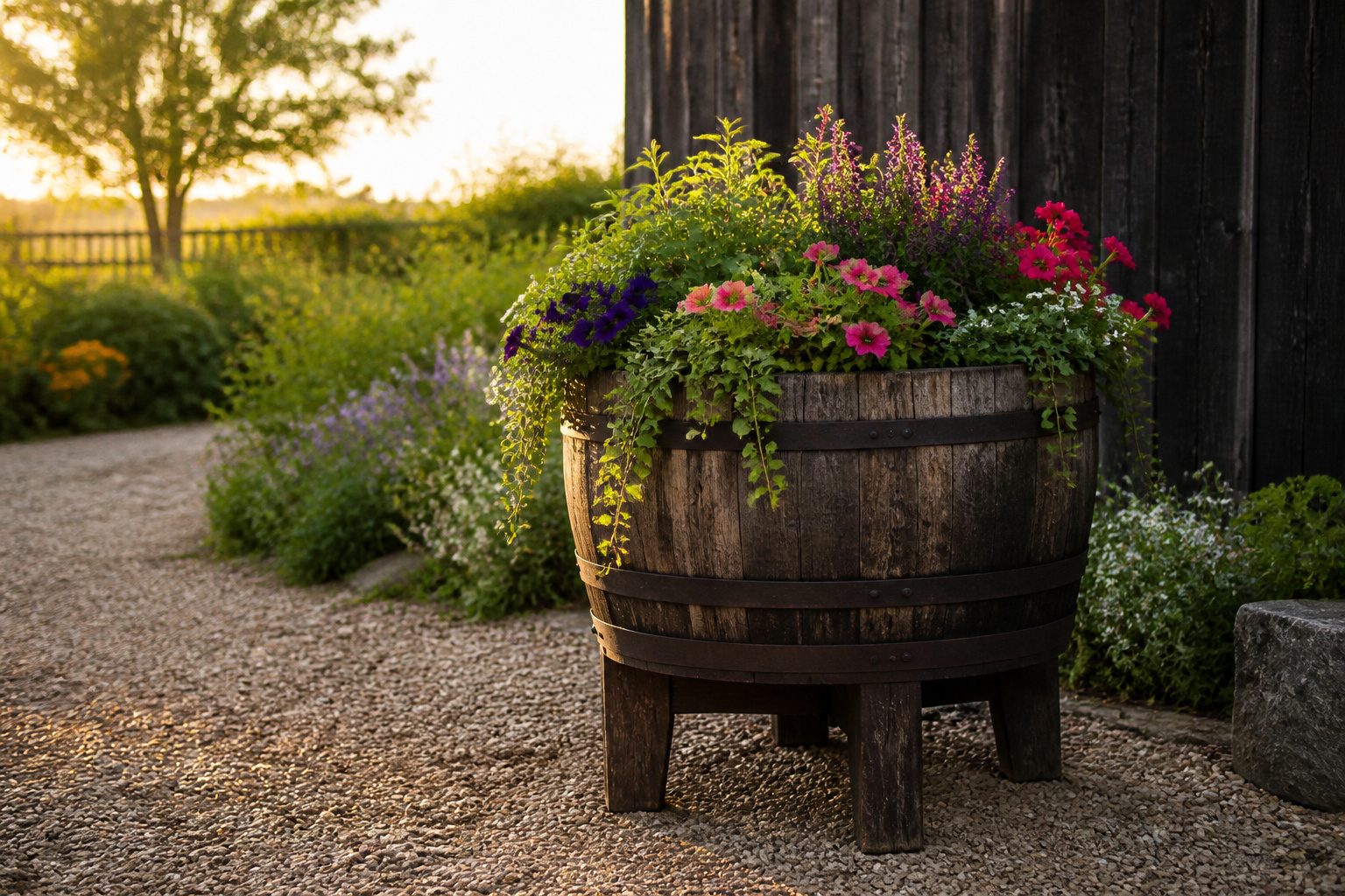 A raised wooden barrel planter with soil, tools, and plants around it.